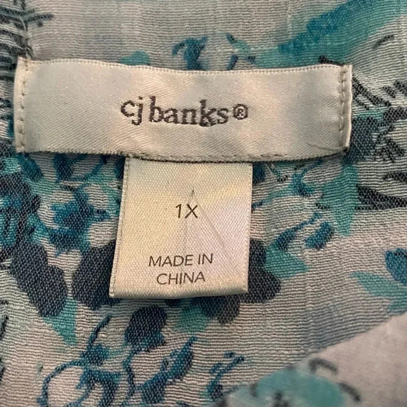 Cj Banks 1X Top Shirt Blue Floral Landscape Button Up V Neck 3/4 Sleeve High Low - Picture 5 of 7